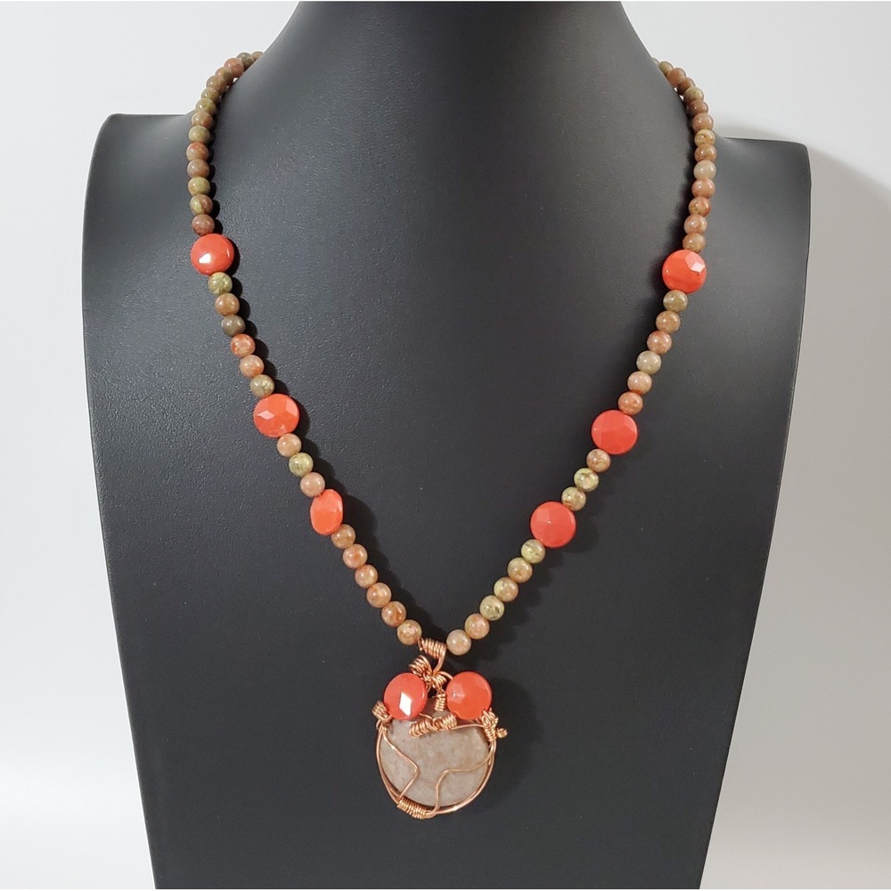 OOAK Wire‎ Wrapped Gemstone Necklace Jasper with Faceted Carnelian Or Dyed Agate